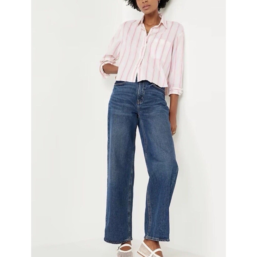 Old Navy Crop Shirt Button Down Pink Stripe Vacay Casual Minimalist Large NWT